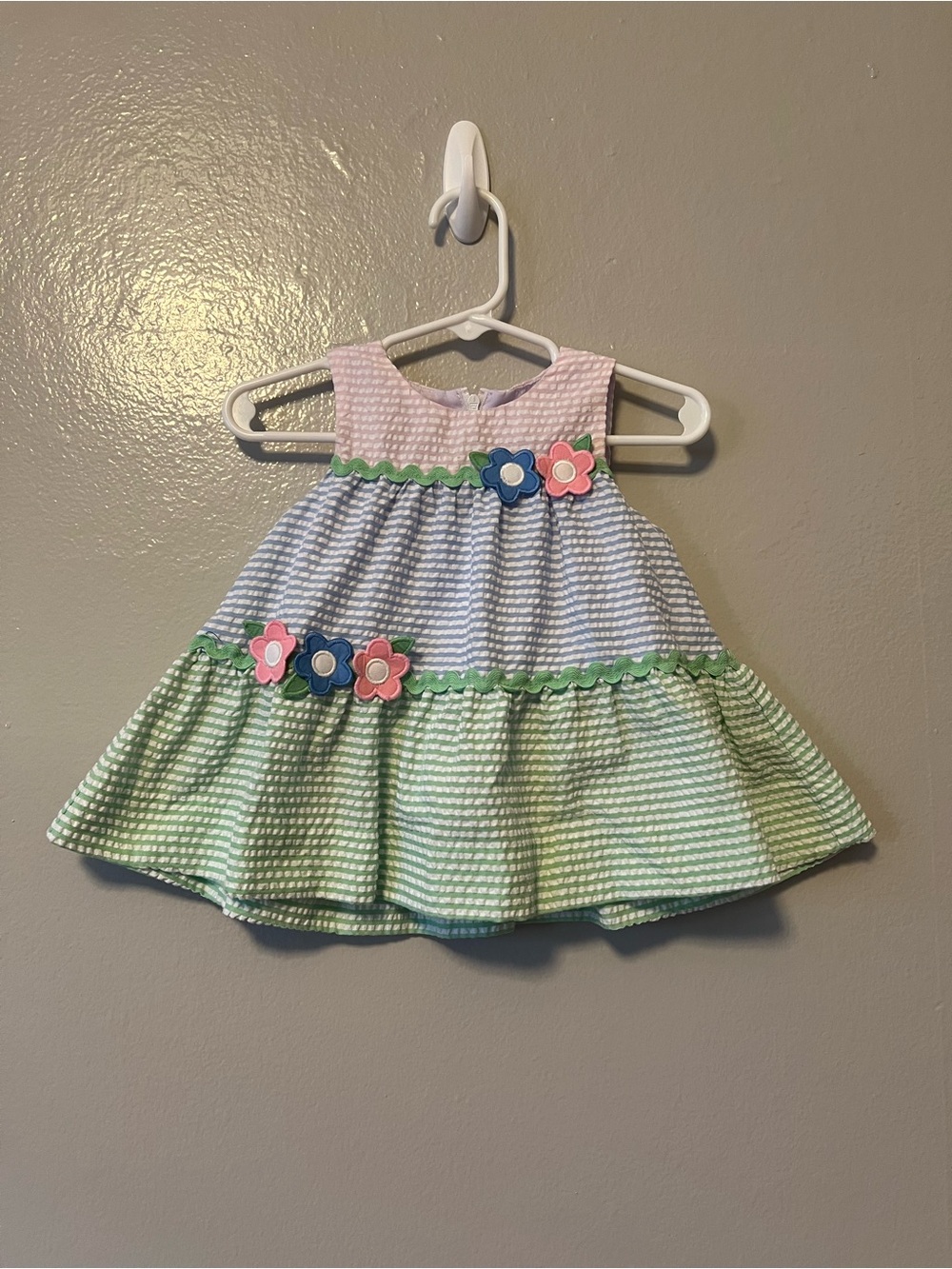 Florence Eiseman Pastel Pink, Blue & Green Striped Seersucker Dress, w/ Bloomers